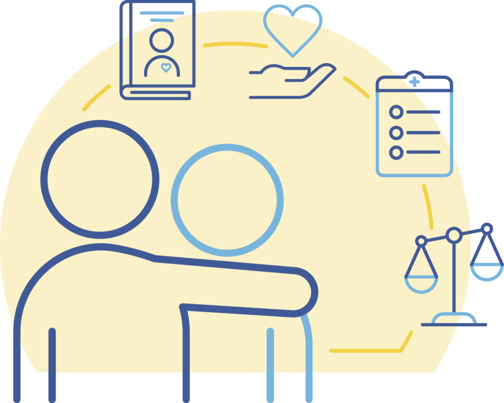 Illustration of a caregiver and patient with illustrations of a book, heart in hand, a checklist and the scales of justice